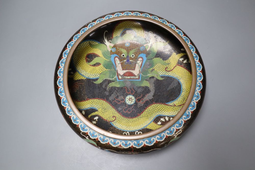 An early 20th century Chinese dragon bowl, a box and cover and a ginger jar and cover, largest diameter 30cm